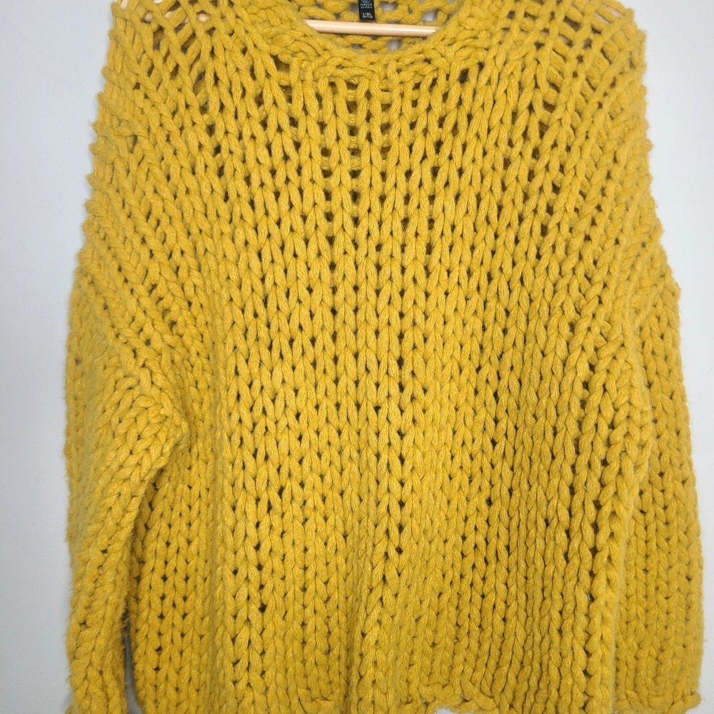EILEEN FISHER L/XL Mustard Yellow Fisherman Baby Alpaca Chunky‎ Knit Sweater - Picture 3 of 6